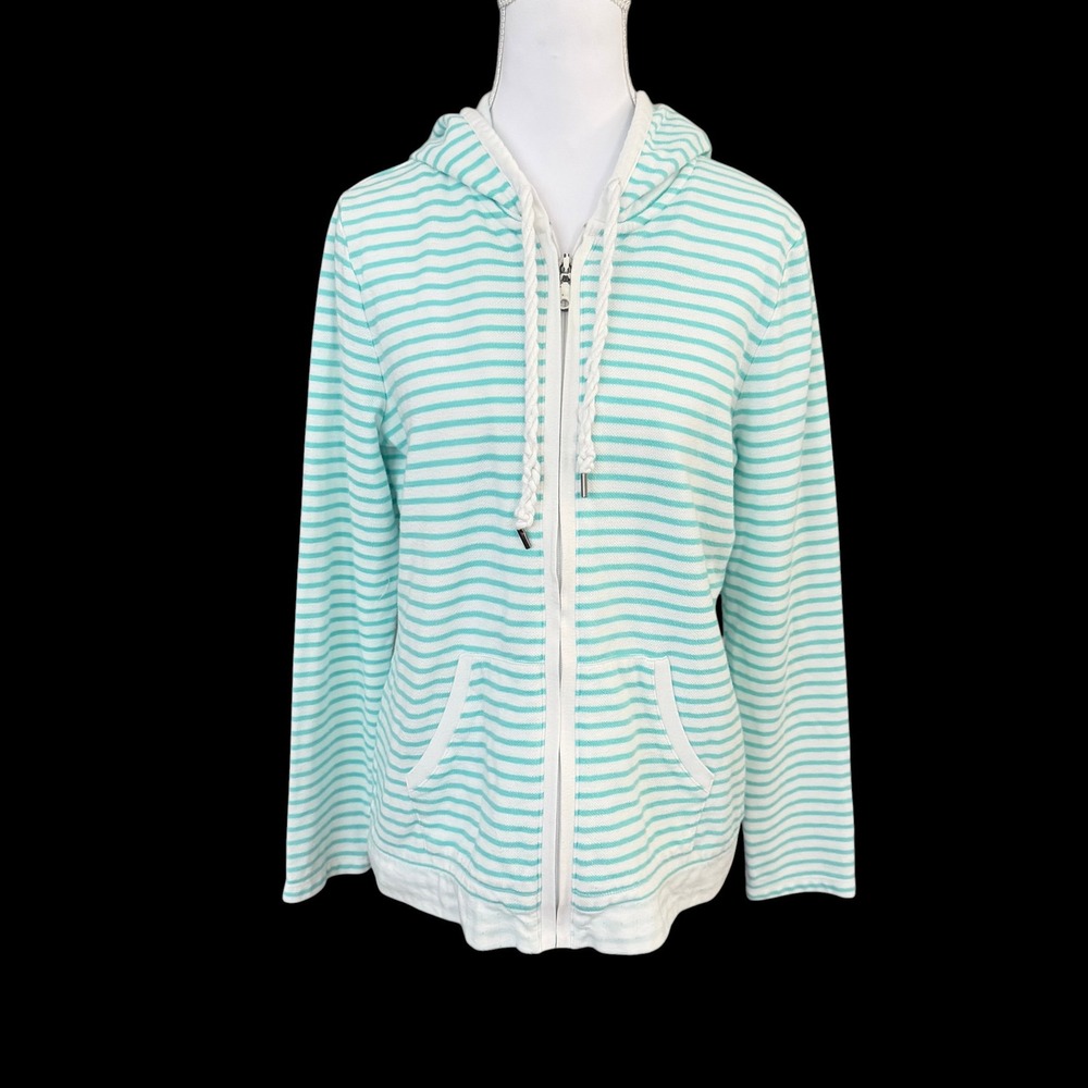 T by Talbots Striped Full Zip Hoodie M Teal White Coastal Nautical Sweatshirt